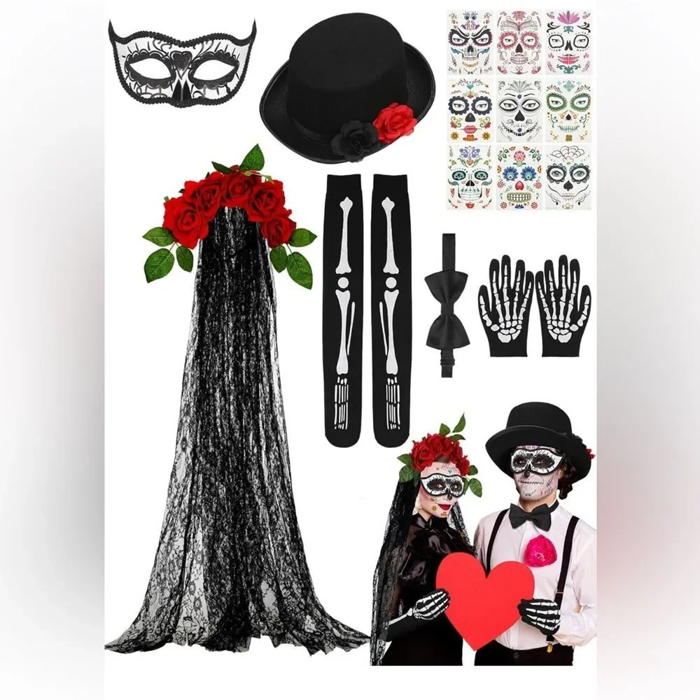 Toulite 16 pcs Halloween day of the dead costumes set for woman&men for cosplay